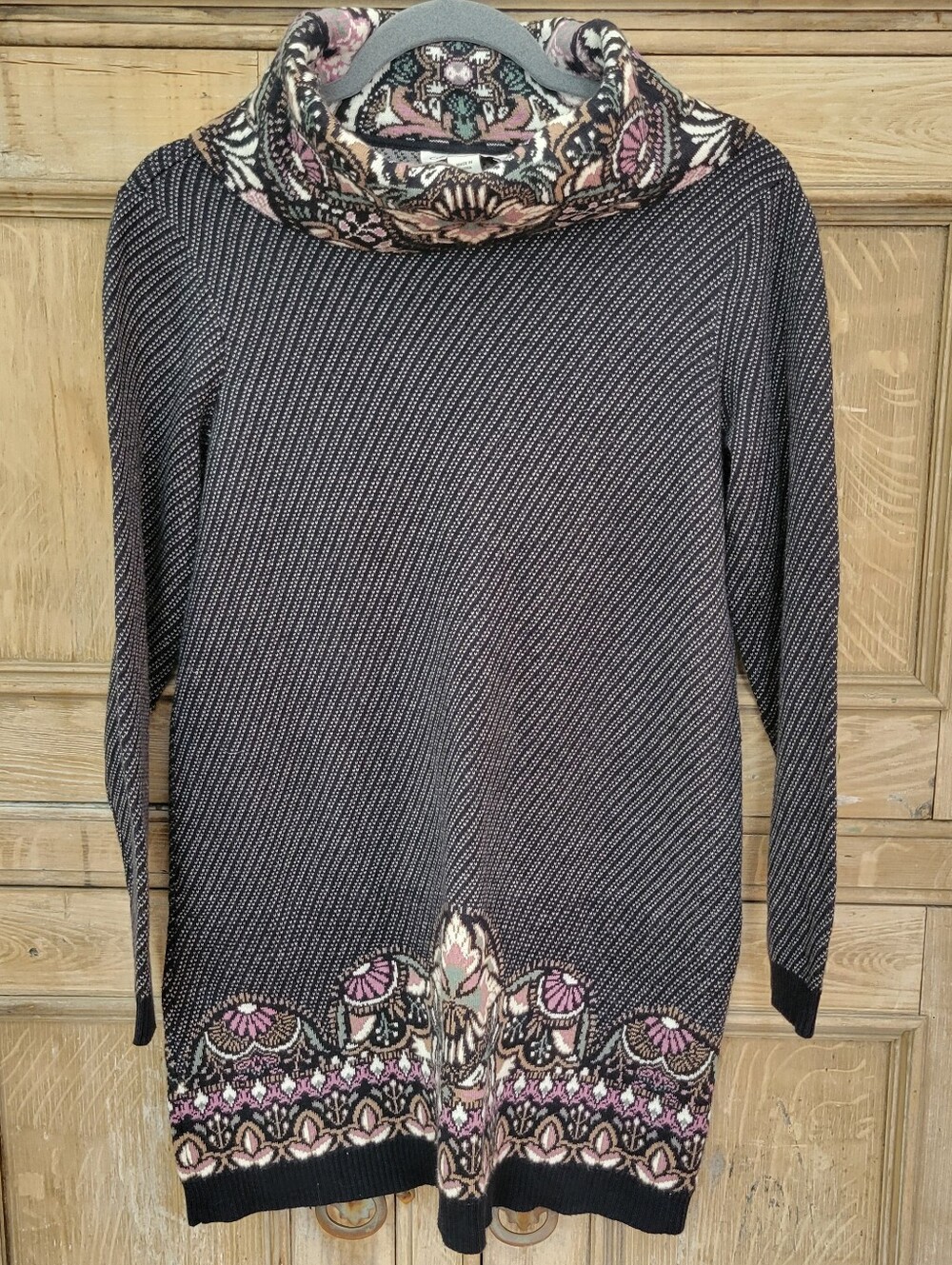 Coldwater Creek Cowl Neck Tunic Sweater Dress Fair Isle Floral Border Blue PS